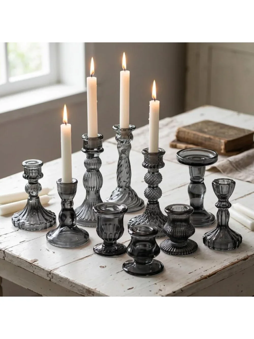 Elegant Black Crystal Taper Candle Holders - Set of 10 for Home Decor & Events